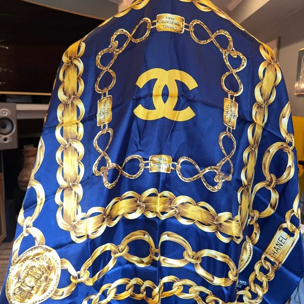 Chanel CC Gold Chain Medallion Silk Square Scarf Navy Blue